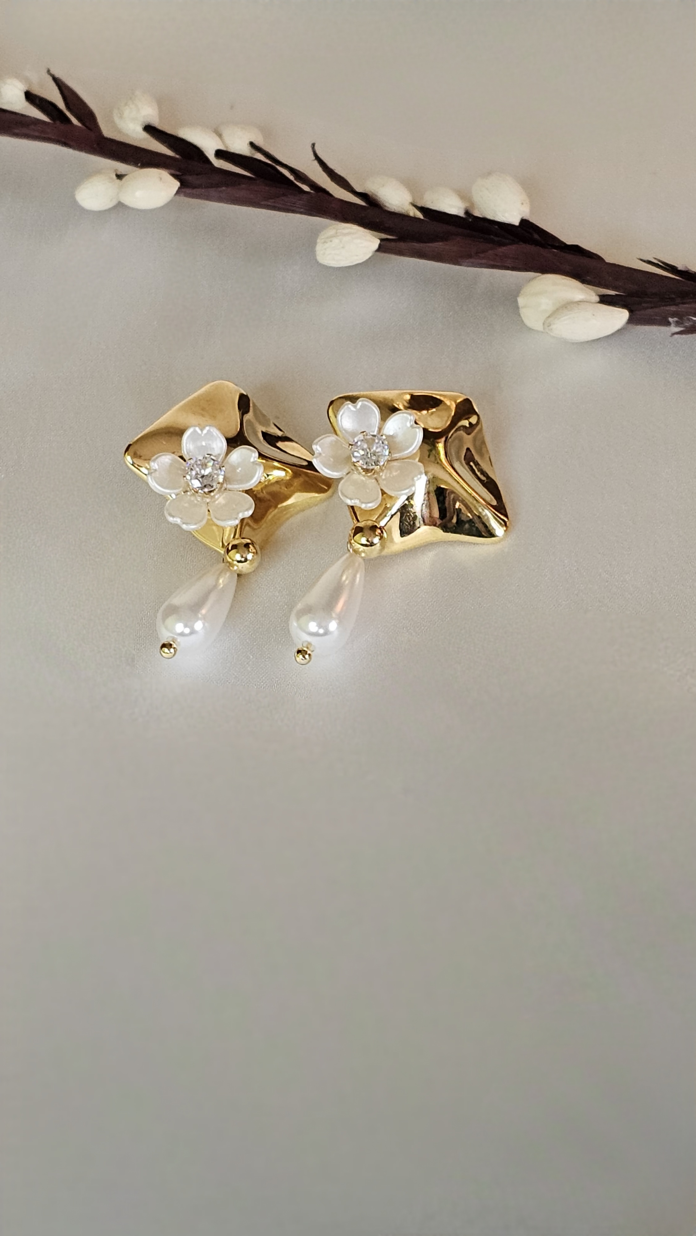 Gilded Pearl Flower Stud Earrings