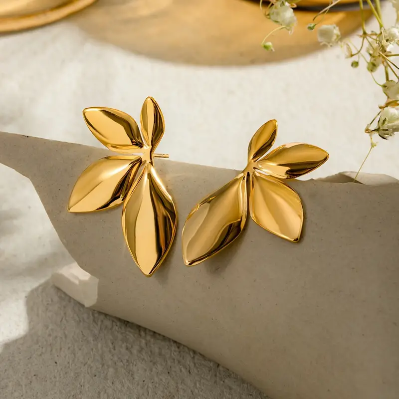 Floral Leaf Gold Earrings - Waterproof