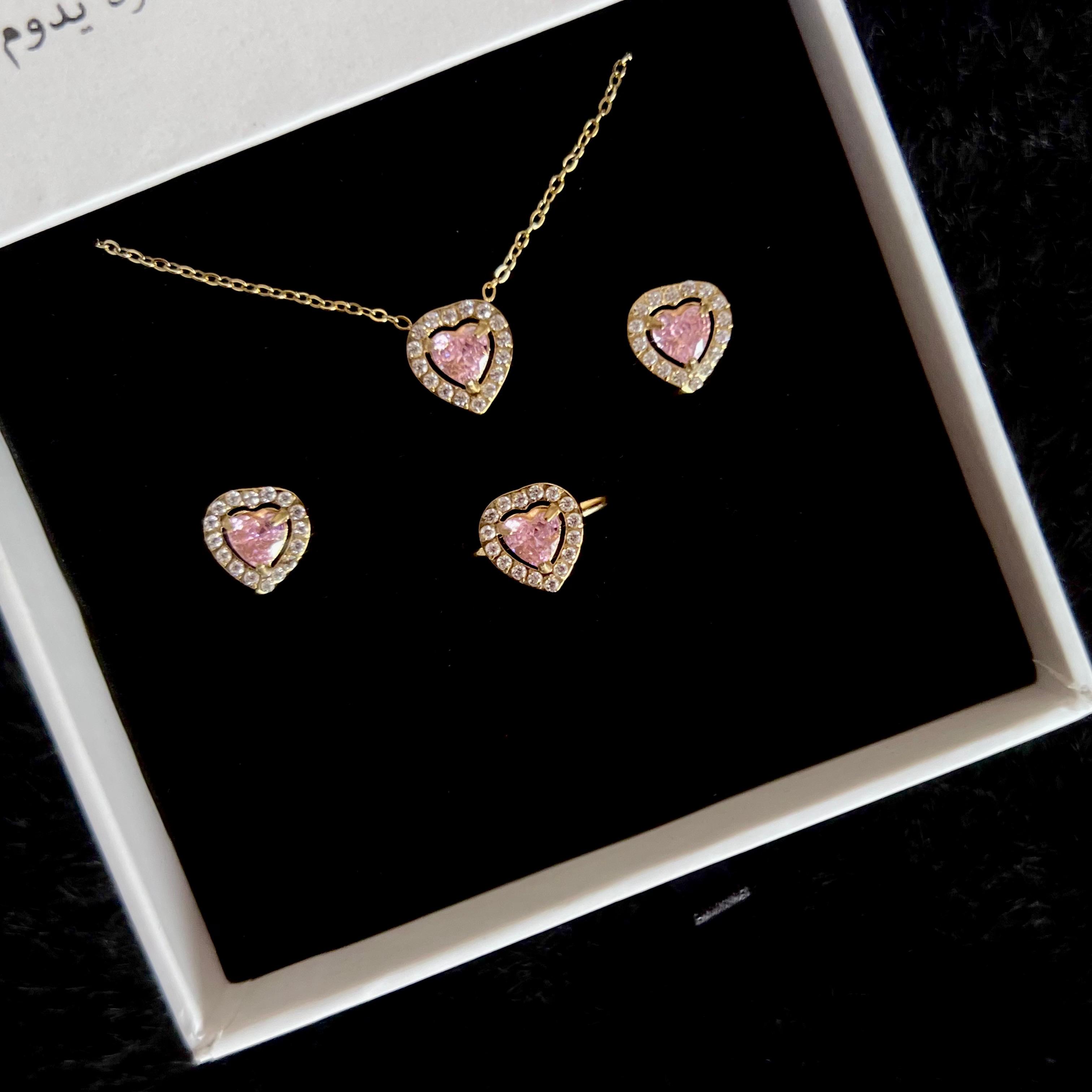 Heart of Pink Set - Necklace, Earrings, and Ring - Waterproof