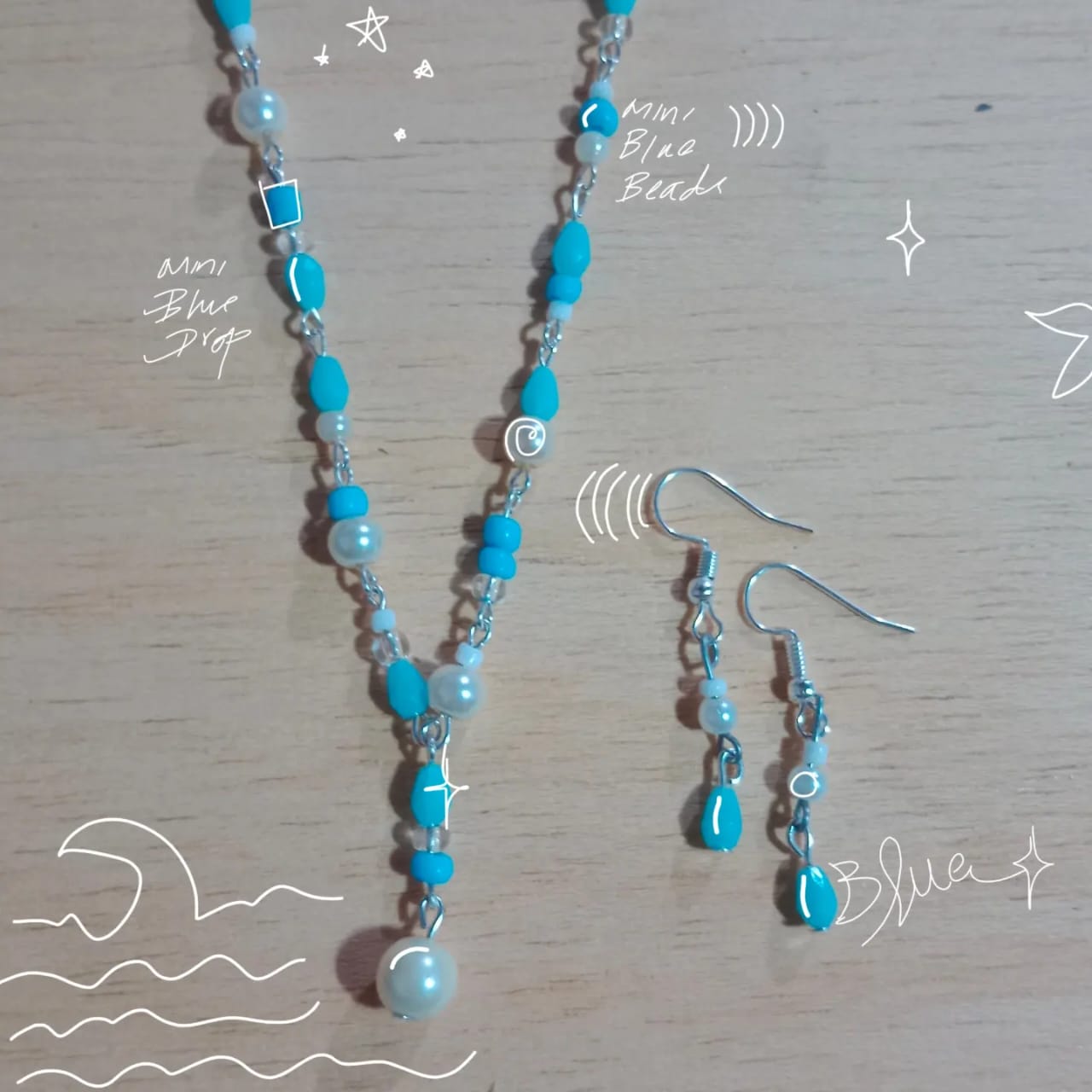 Blue Beaded Necklace and Earrings Set