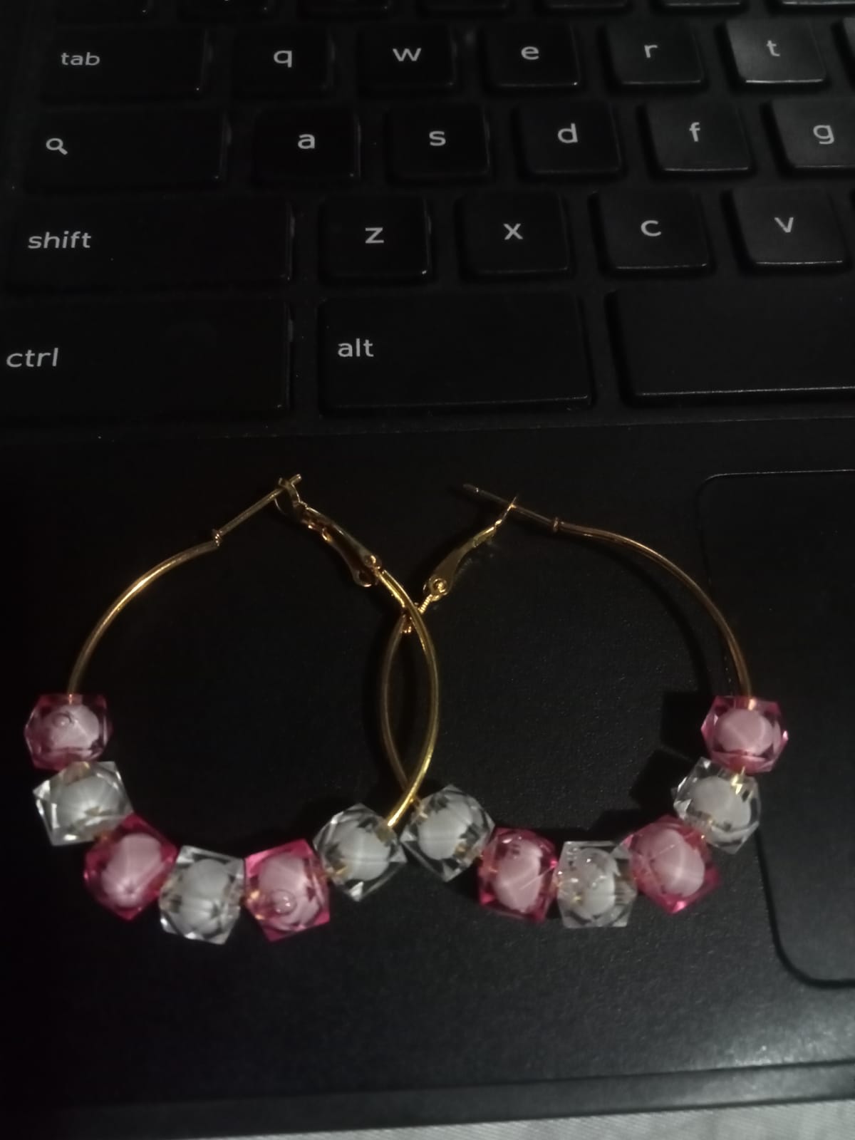 Gold Hoop Earrings with Pink and Clear Beads