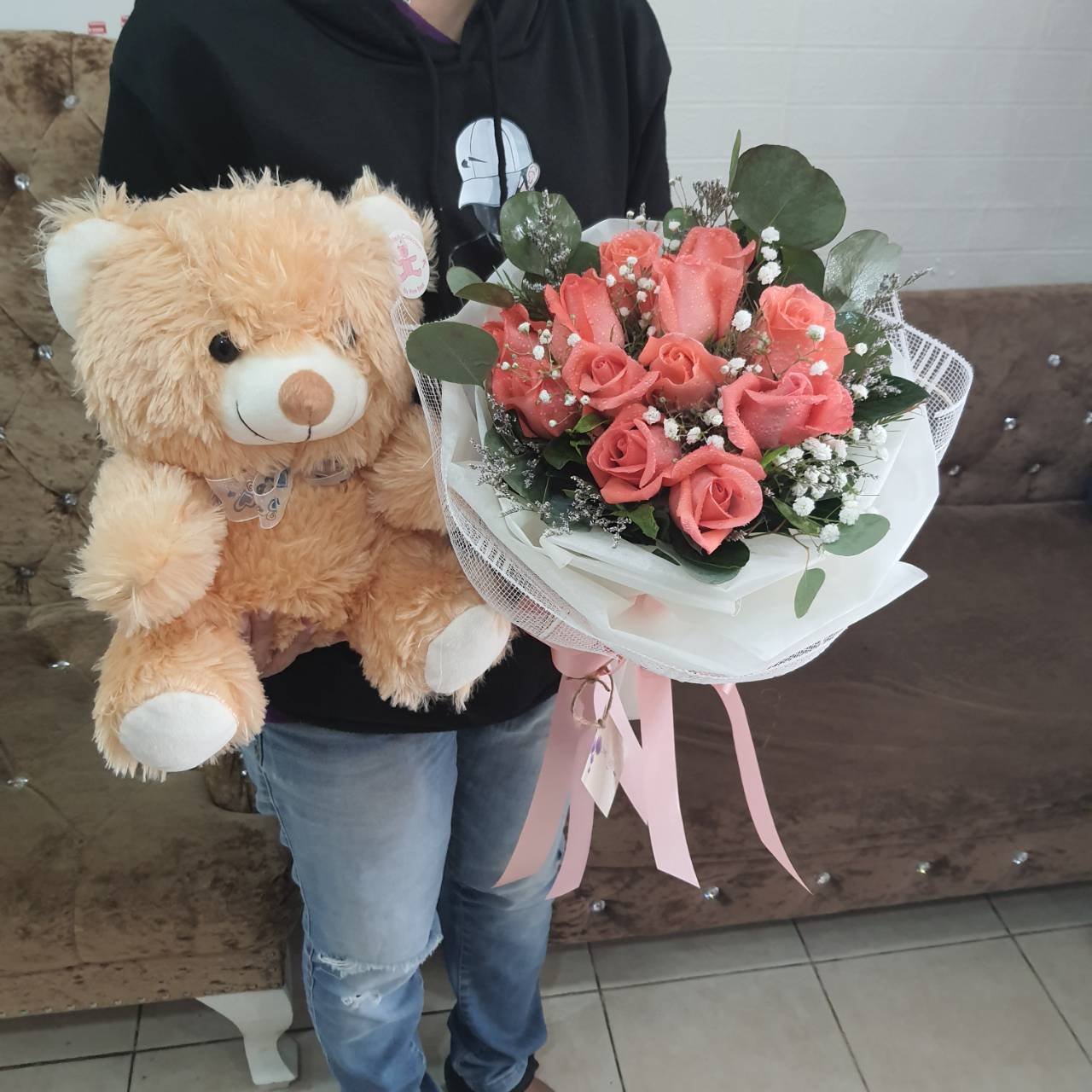 Teddy Bear and Rose Bouquet