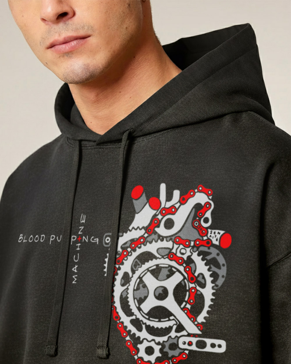 Oversize Unisex džemperis su kapišonu "Blood pumping machine"