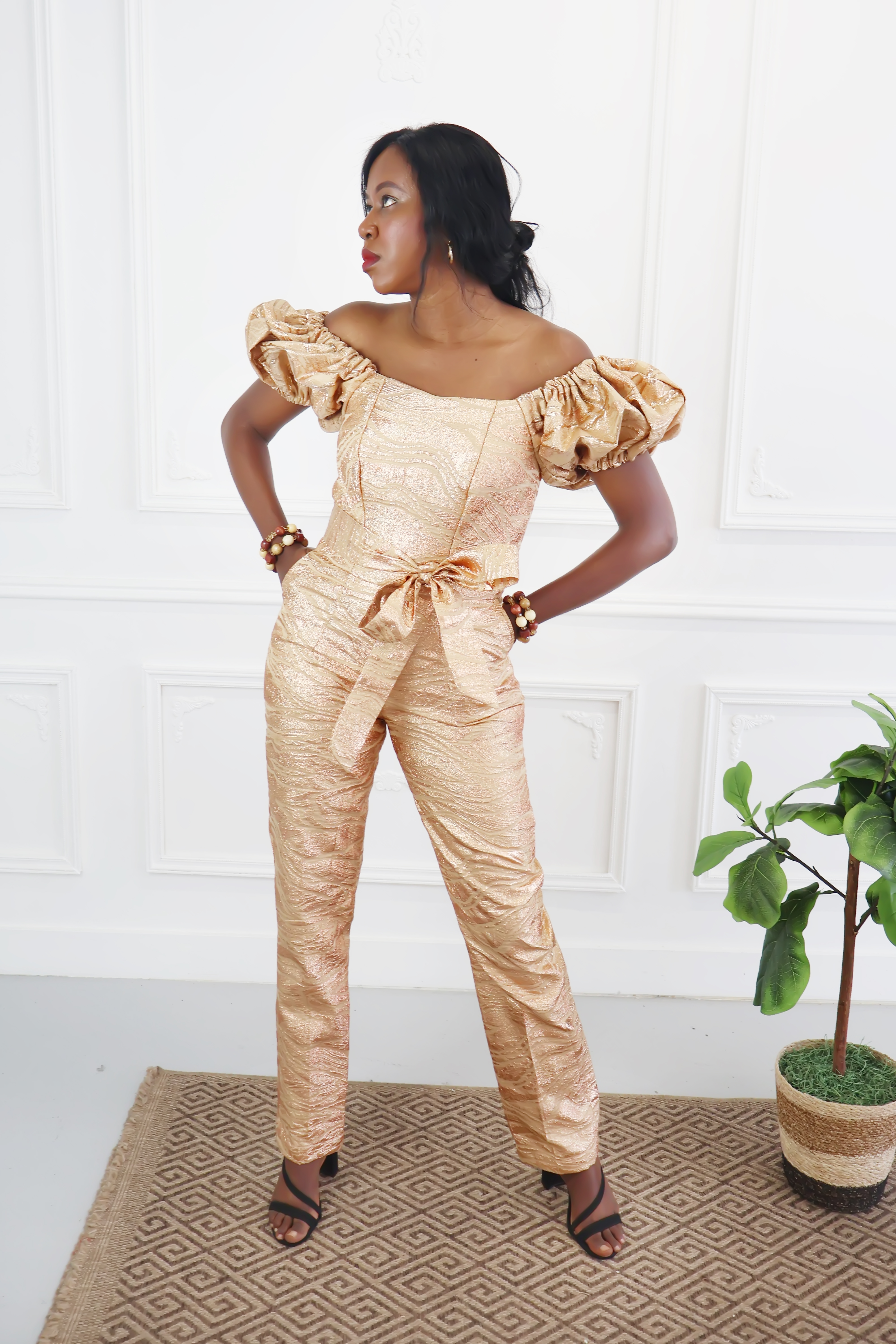 Off Shoulder Jumpsuit with Puff Sleeves