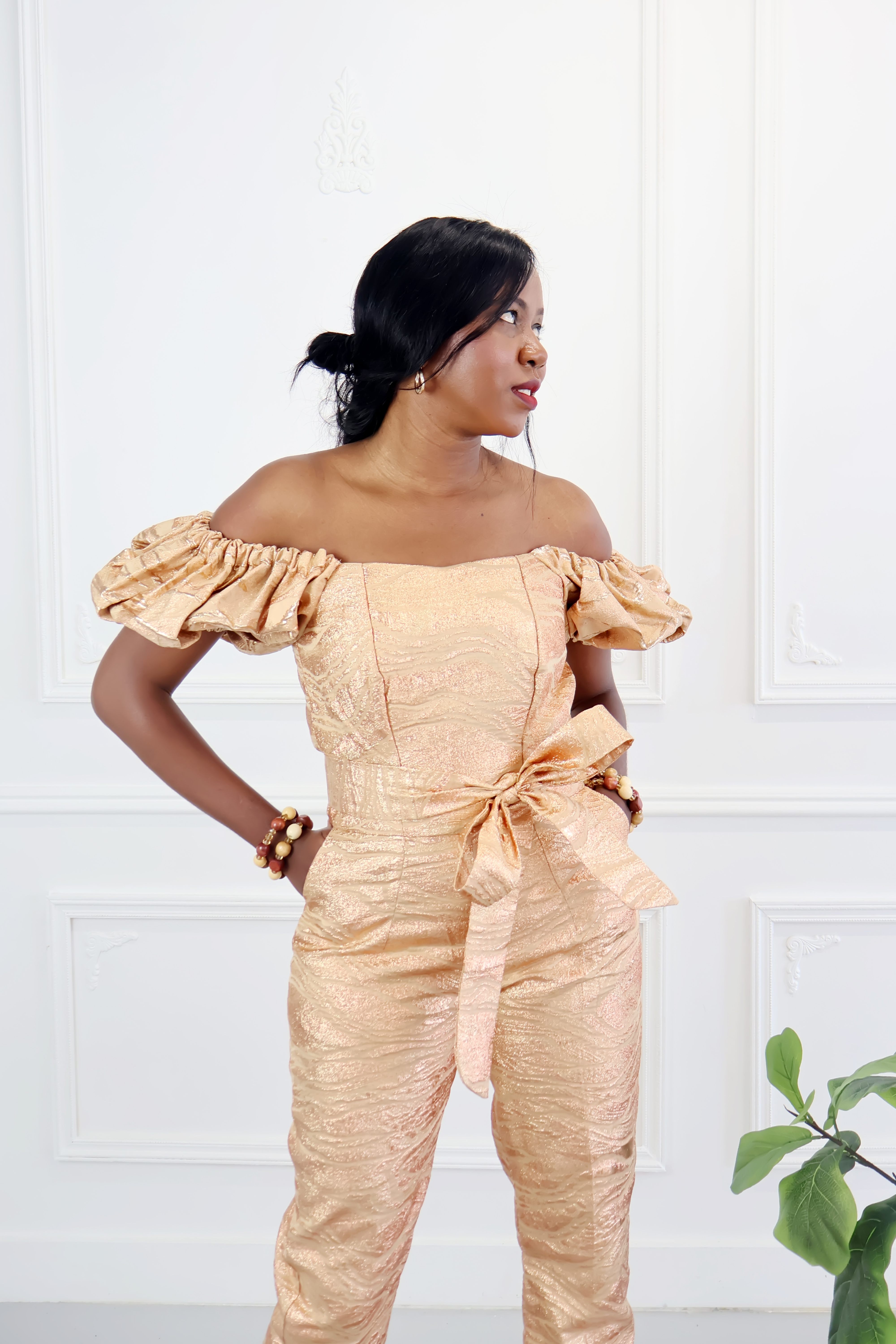 Off Shoulder Jumpsuit with Puff Sleeves