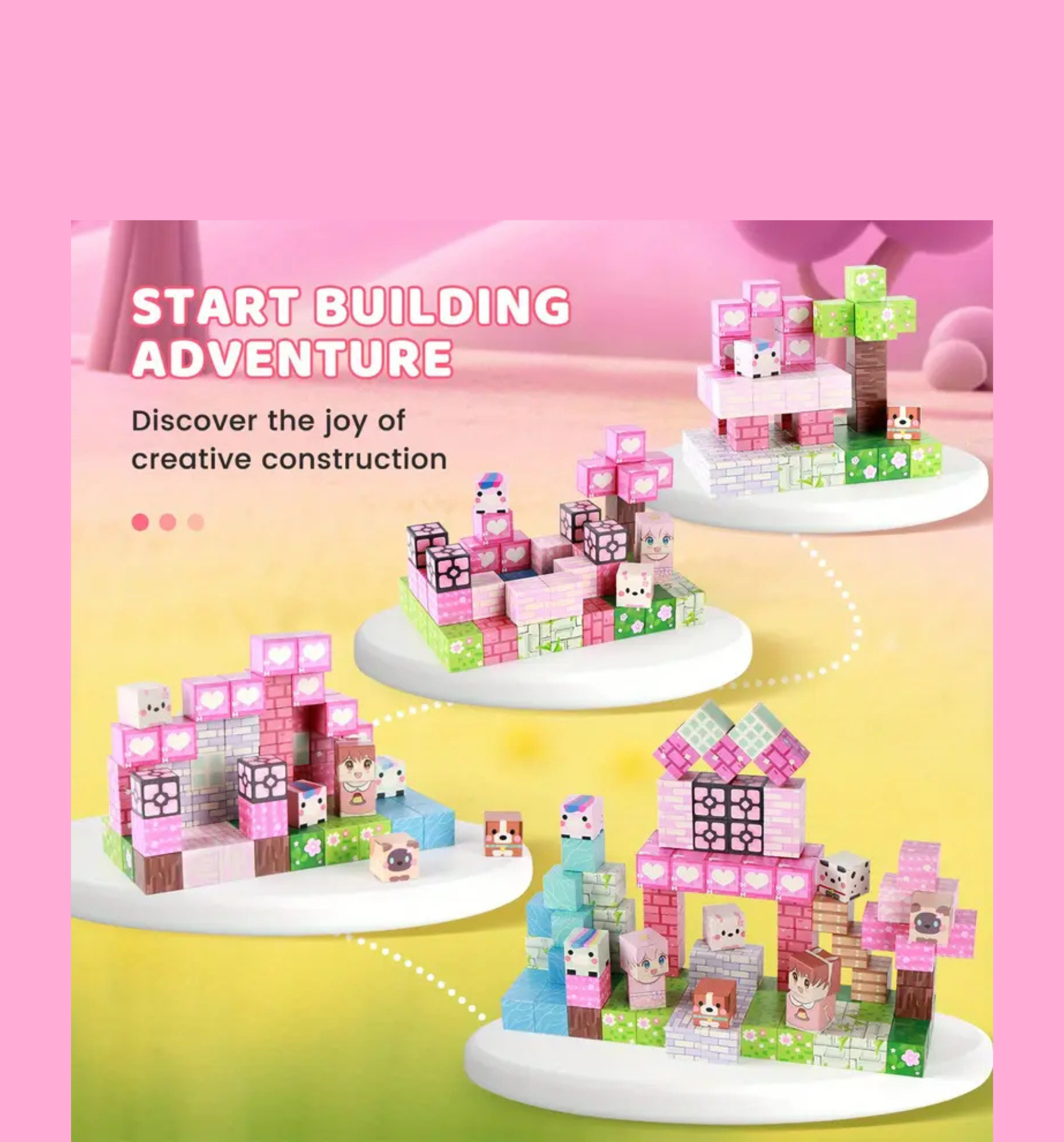 Rožiniai magnetiniai statybos blokeliai "Pink forest park"