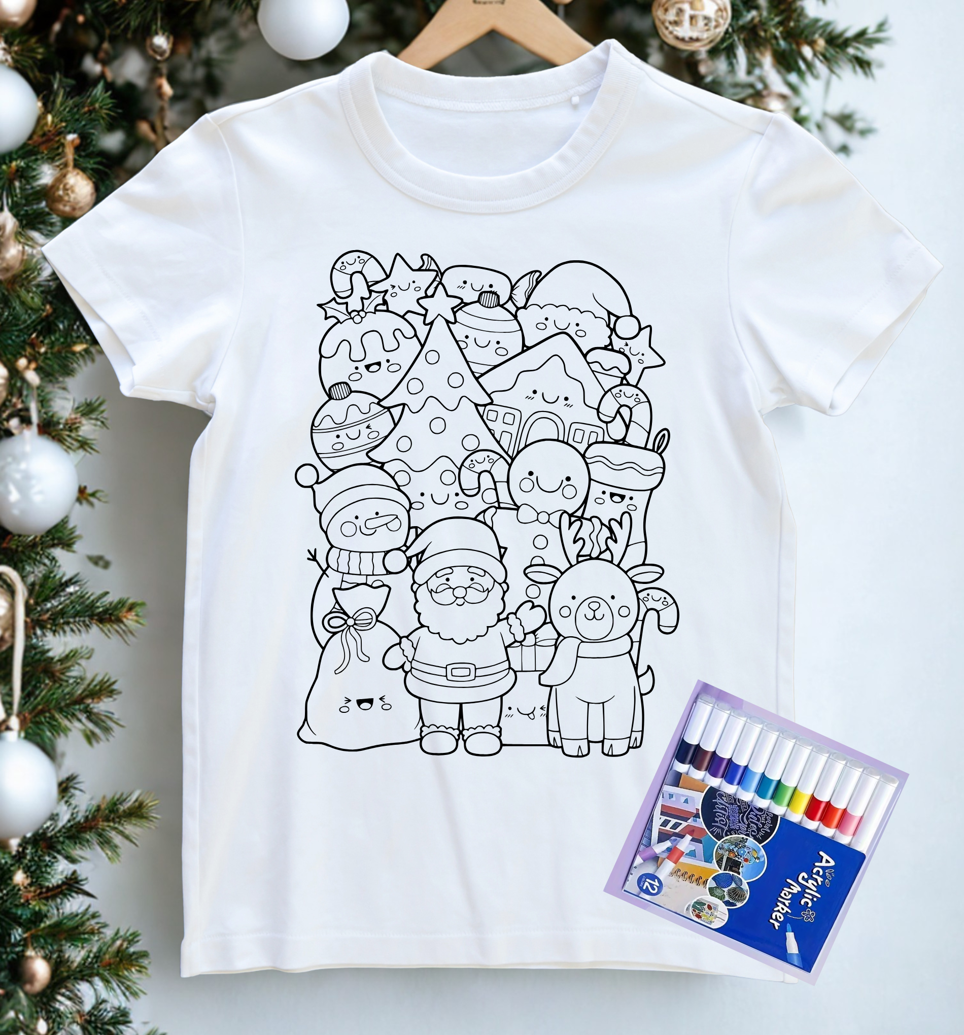 Kalėdiniai marškinėliai spalvinimui su tekstilės flomasteriais