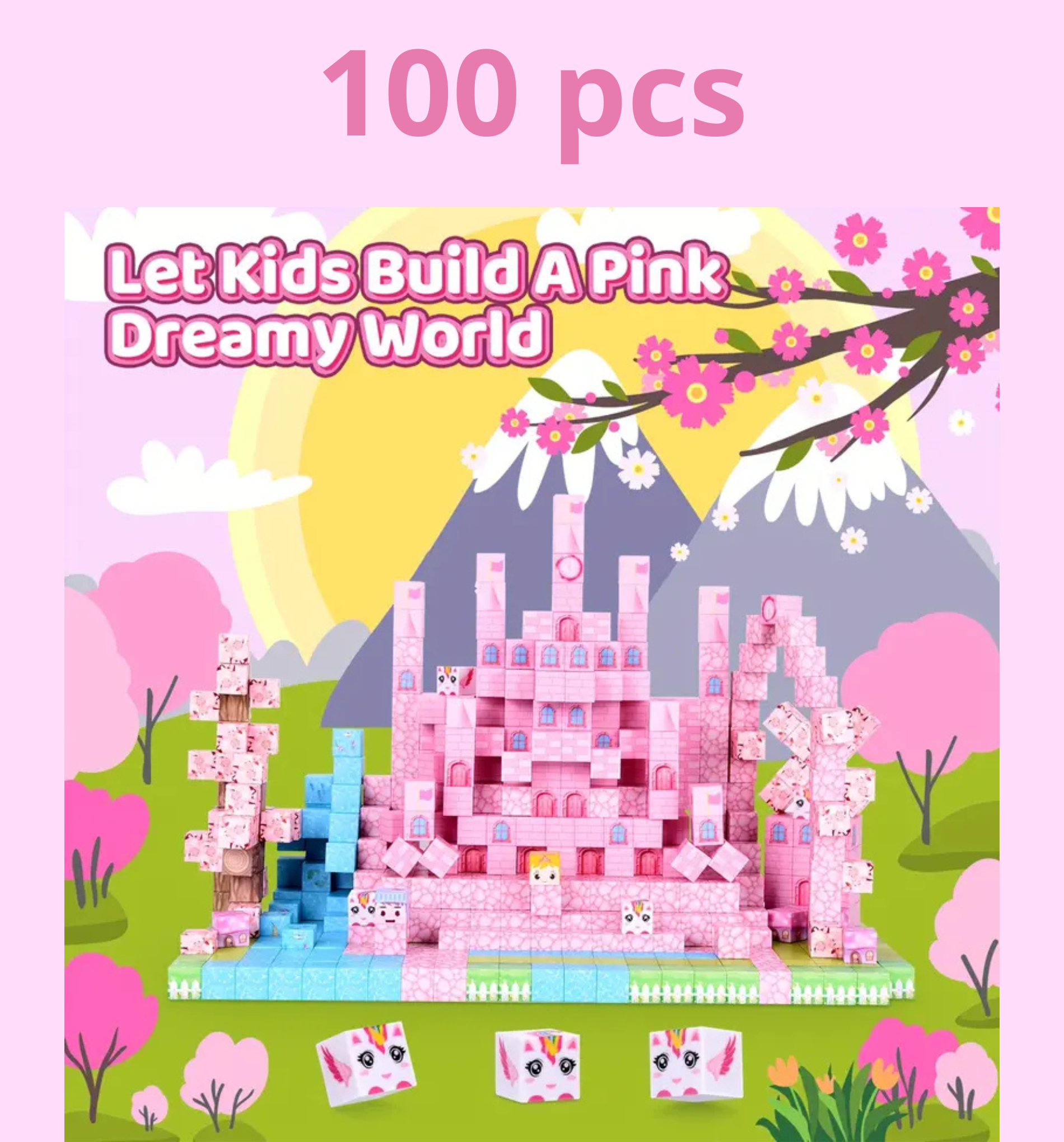 Rožiniai magnetiniai statybos blokeliai "Pink dreamy world"