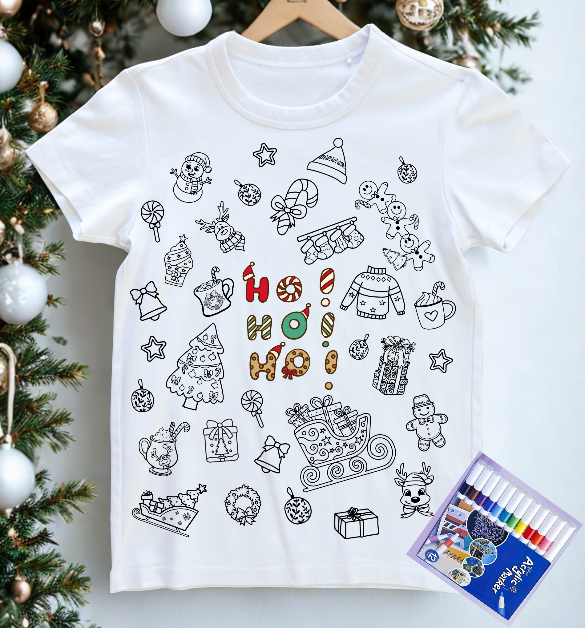 Kalėdiniai marškinėliai spalvinimui su tekstilės flomasteriais