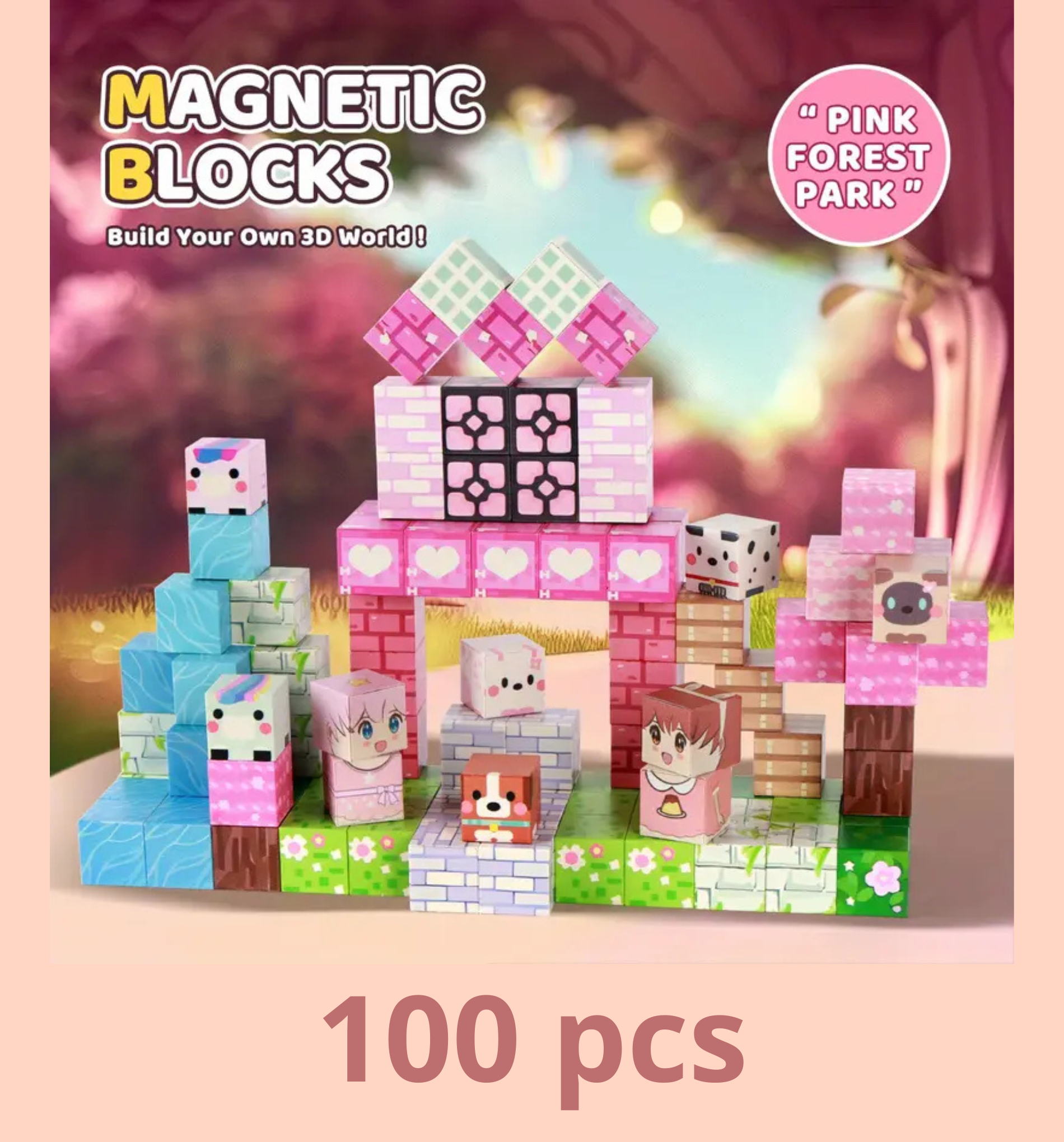 Rožiniai magnetiniai statybos blokeliai "Pink forest park"