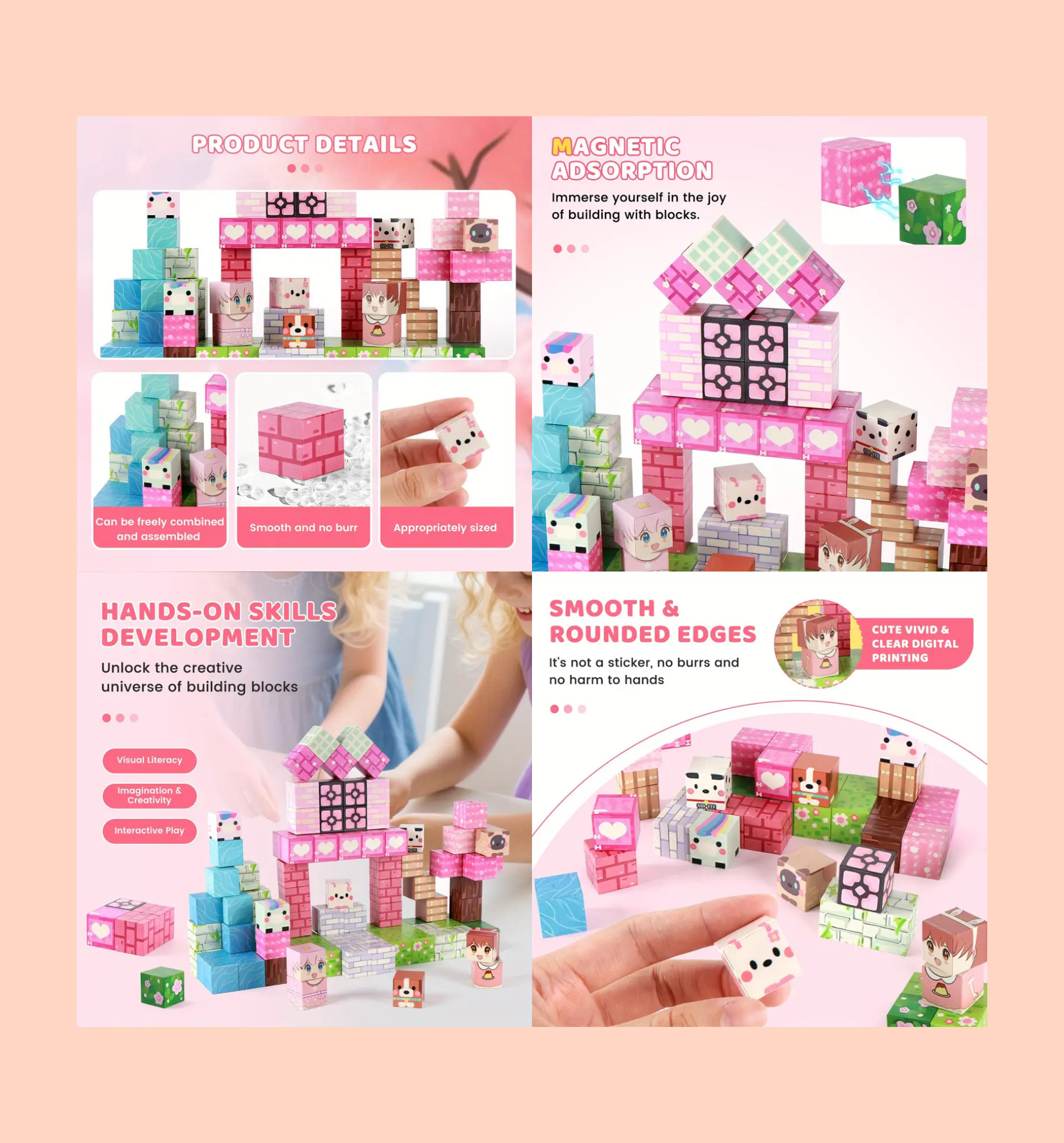 Rožiniai magnetiniai statybos blokeliai "Pink forest park"