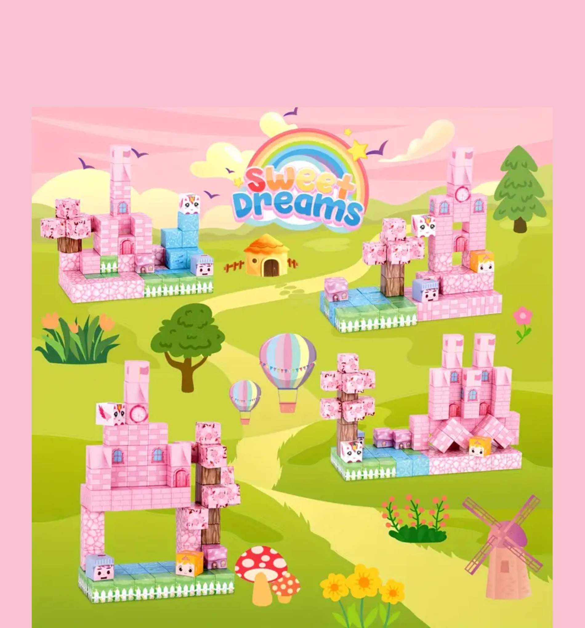 Rožiniai magnetiniai statybos blokeliai "Pink dreamy world"