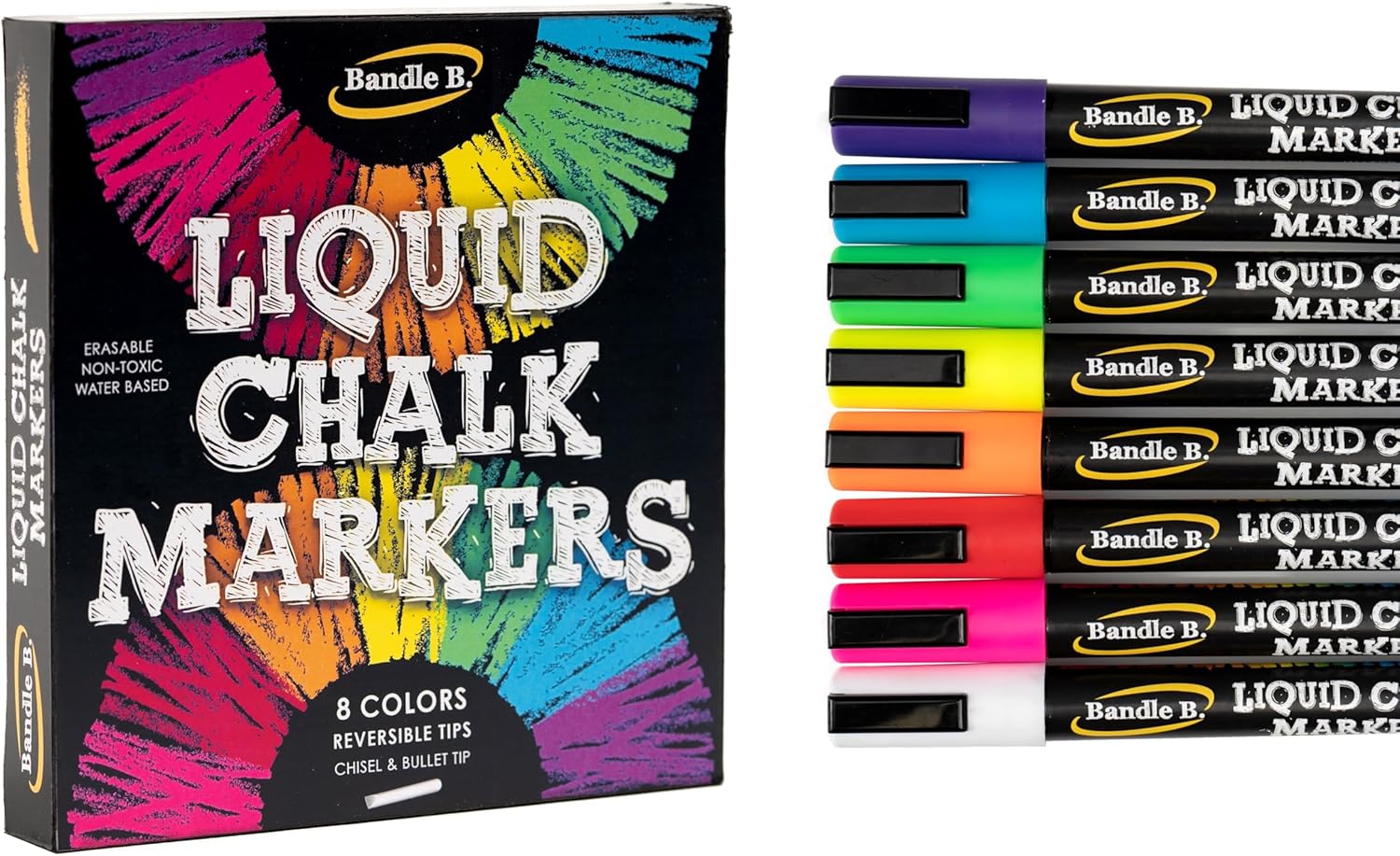 Chalk Markers - 8 Vibrant, Erasable, Non-Toxic, Water-Based, Reversible Tips, For Kids & Adults