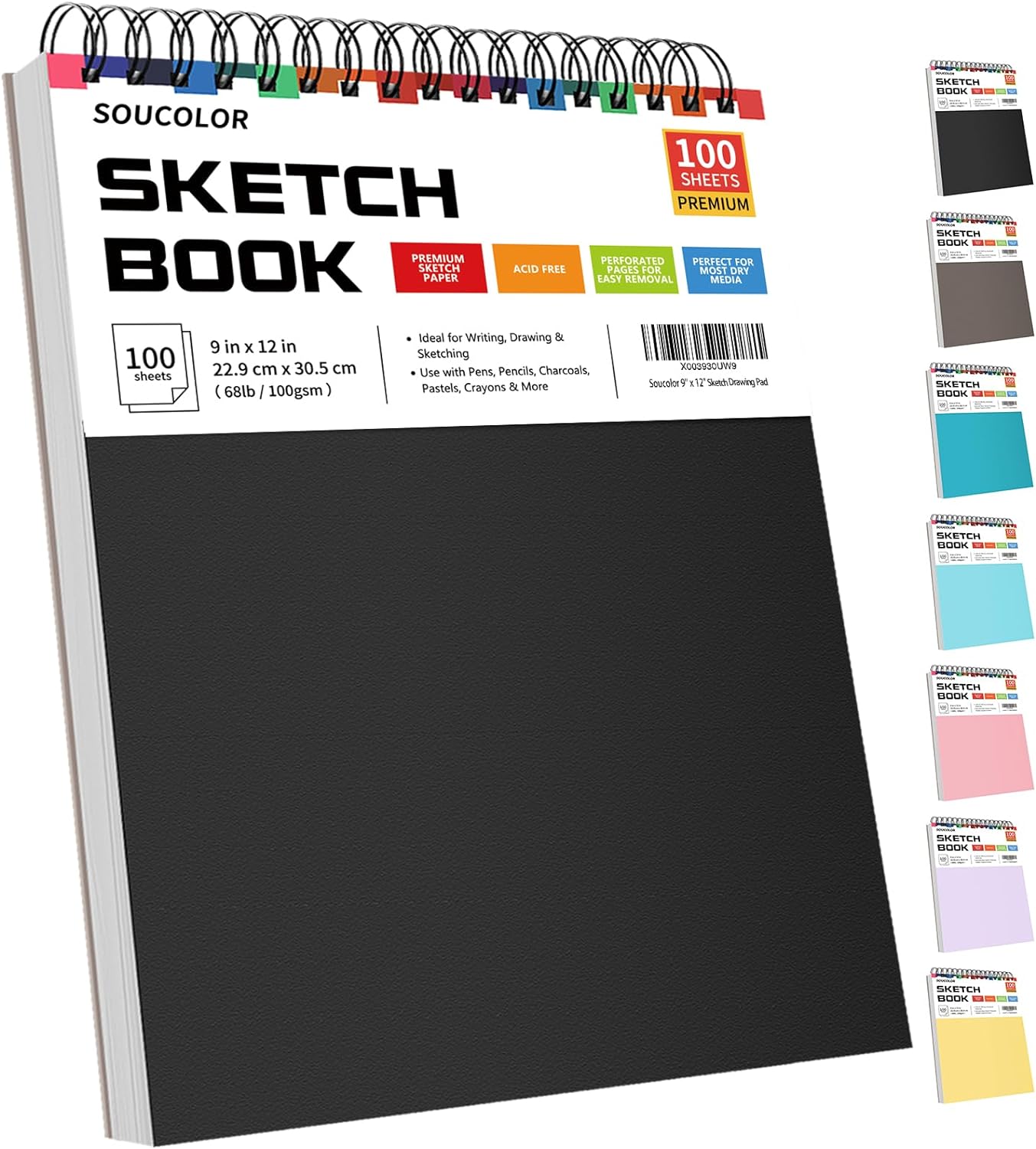 Soucolor 9" x 12" Sketch Book, 1-Pack 100 Sheets Spiral Bound Art Sketchbook