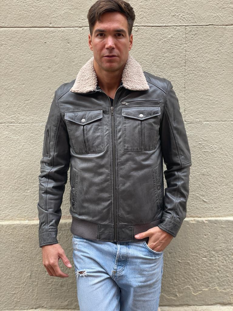 1959-CHAQUETA BASICA HOMBRE NAPA GRIS,PELO CUELLO DESMONTABLE