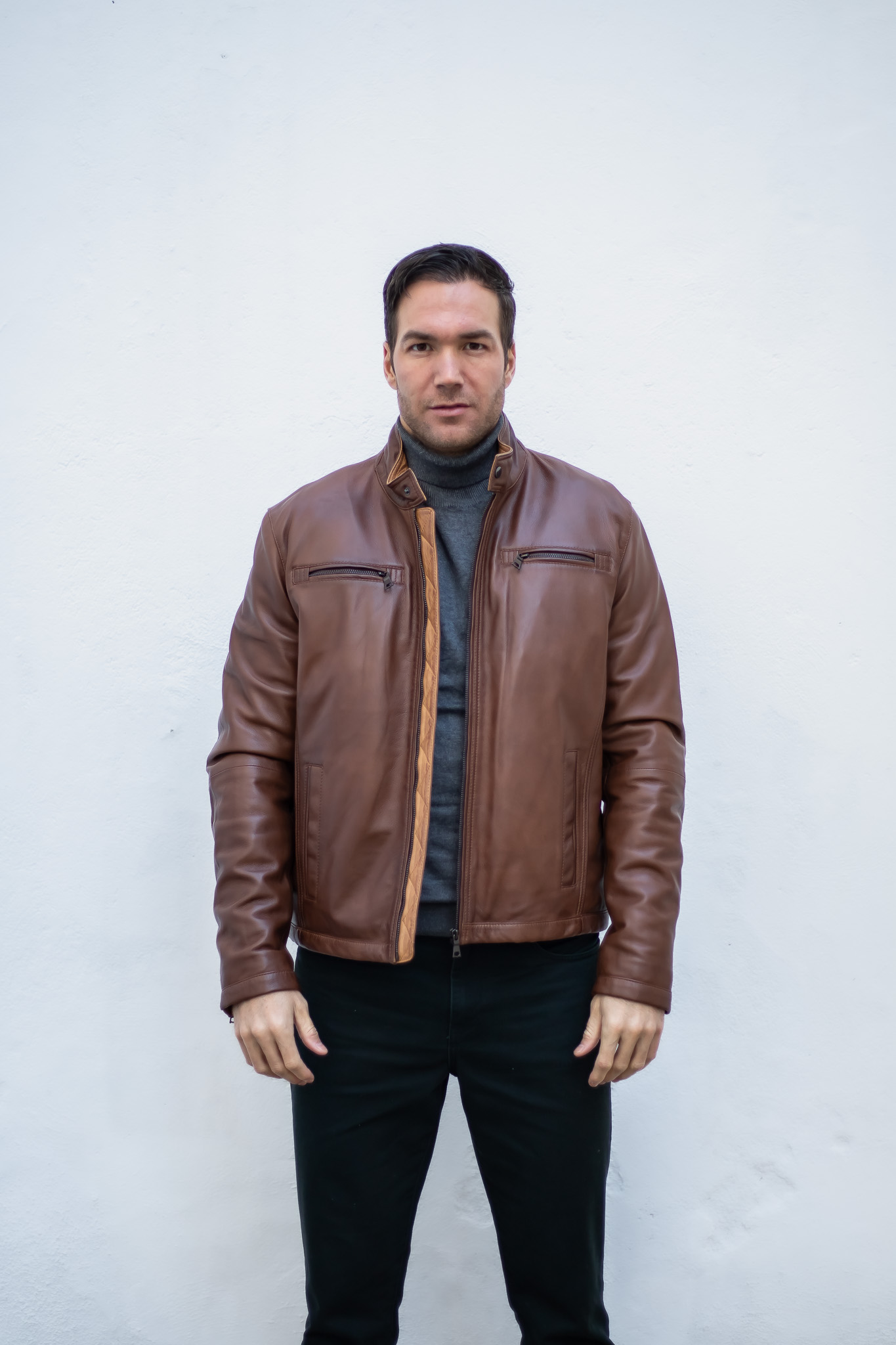 223146 - Cazadora hombre de cuero marron claro con vistas en camel