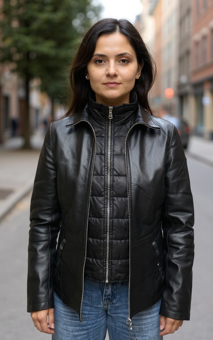 Cazadora de cuero negra con pechera desmontable