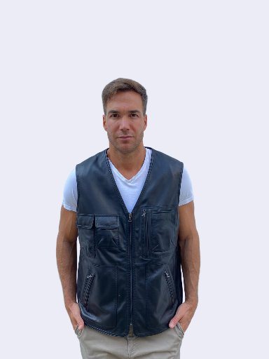 Chaleco de cuero negro tipo reporter