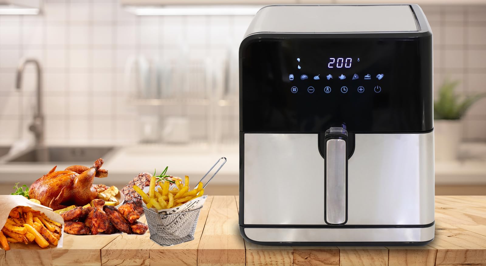 DMS XXL 8 Liter Heißluftfritteuse | Backofen | Heißluftgrill | Cooker | fettfrei und ohne Öl | inklusive 8 Programmen und digitalem Touch Display | 1800 Watt