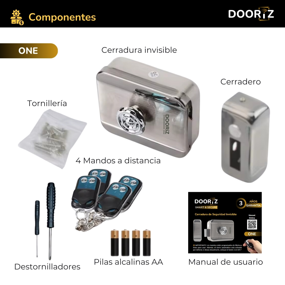 Dooriz ONE Cerradura invisible con 4 mandos a distancia y accesorios de instalación, color plata
