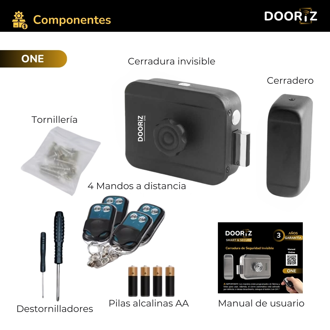 Dooriz ONE Cerradura invisible con 4 mandos a distancia y accesorios de instalación, color negro mate