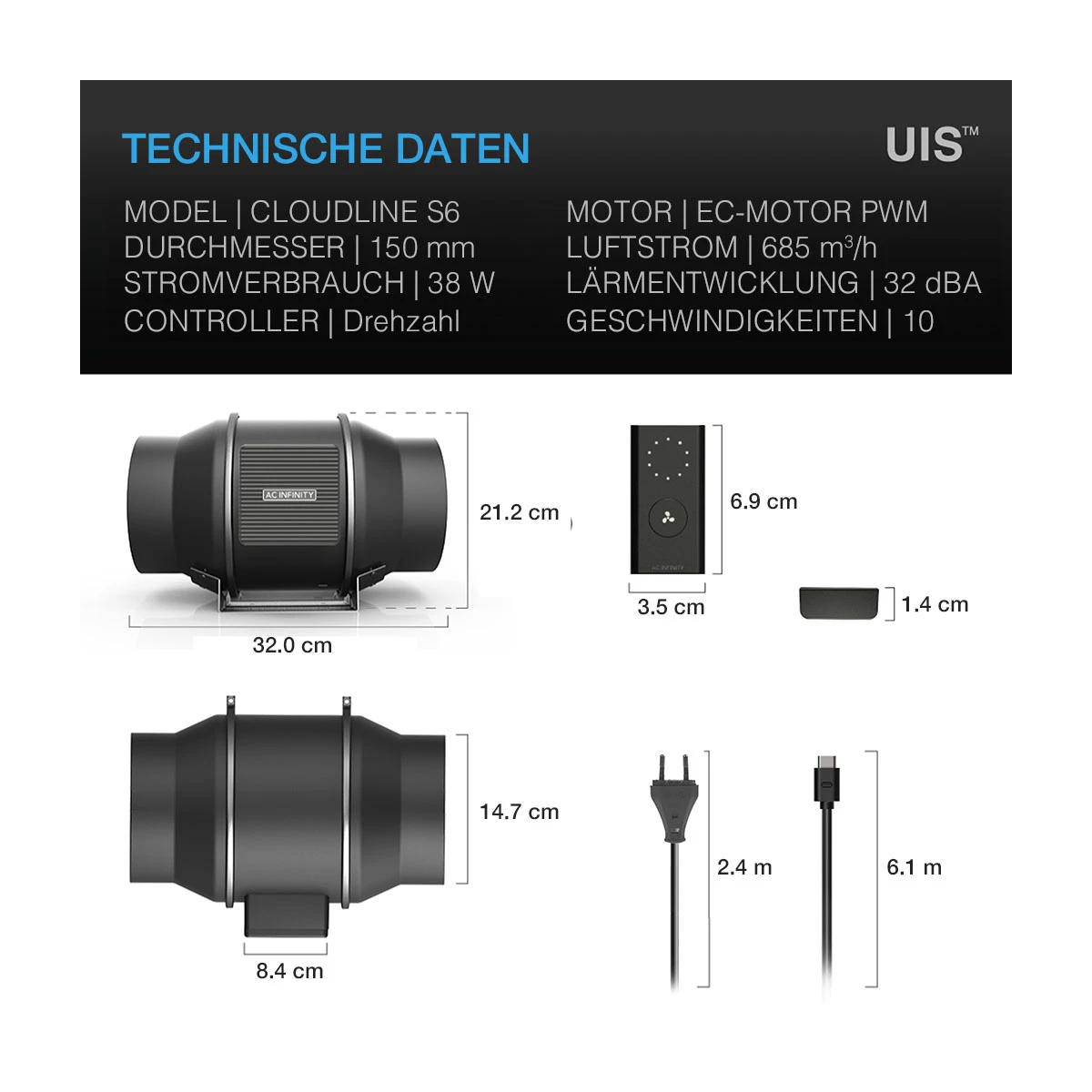 CLOUDLINE PRO S6, leises Inline-Lüftersystem mit Drehzahlregler, 150 mm