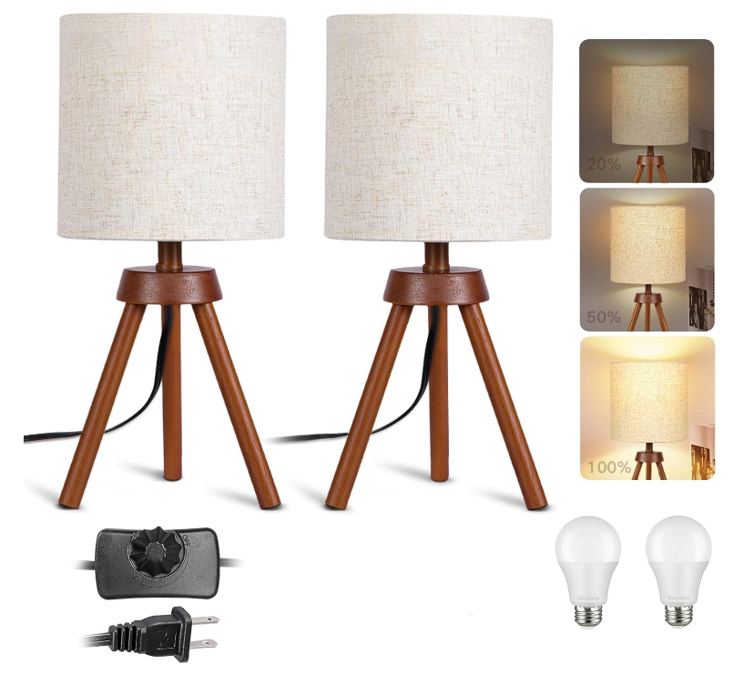 Wood Tripod Small Table Lamps Set of 2, LED Dimmable Bedside Lamp with Linen Beige Lampshade, Mid-Century Modern Nightstand Lamp for Nursery, Bedroom, Kid Room, Living Room,office, Bulb Included
