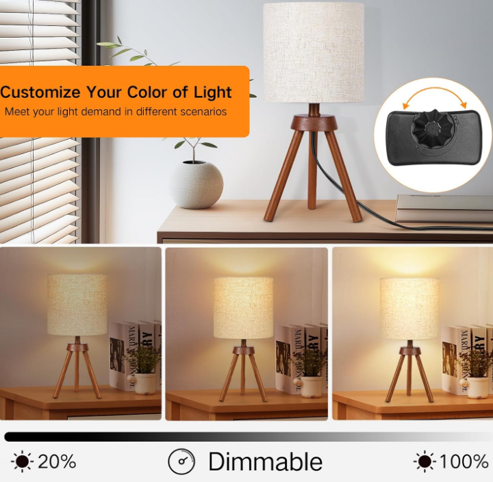 Wood Tripod Small Table Lamps Set of 2, LED Dimmable Bedside Lamp with Linen Beige Lampshade, Mid-Century Modern Nightstand Lamp for Nursery, Bedroom, Kid Room, Living Room,office, Bulb Included