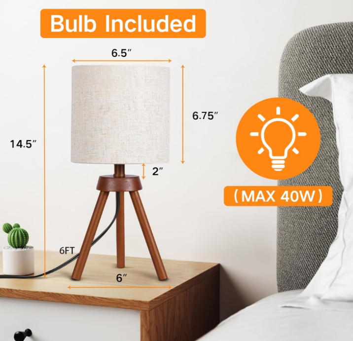 Wood Tripod Small Table Lamps Set of 2, LED Dimmable Bedside Lamp with Linen Beige Lampshade, Mid-Century Modern Nightstand Lamp for Nursery, Bedroom, Kid Room, Living Room,office, Bulb Included
