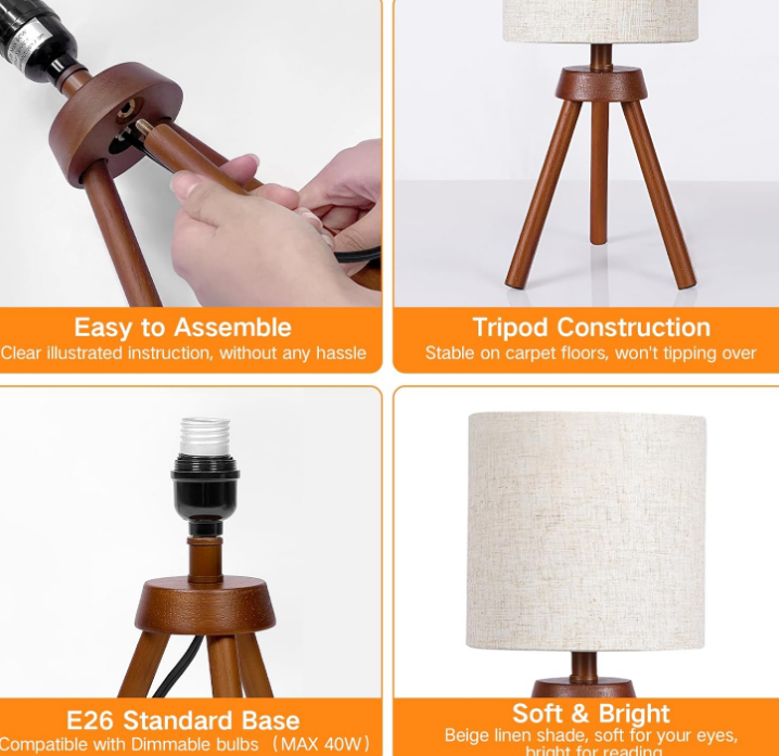 Wood Tripod Small Table Lamps Set of 2, LED Dimmable Bedside Lamp with Linen Beige Lampshade, Mid-Century Modern Nightstand Lamp for Nursery, Bedroom, Kid Room, Living Room,office, Bulb Included