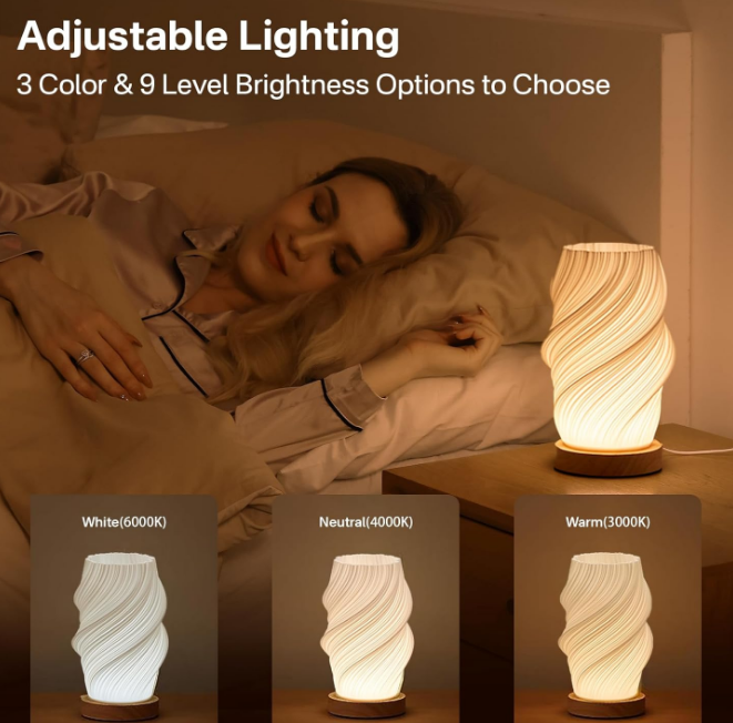  Lamp with Woodbase - Button Control Table Lamp for Bedroom 12 Way Dimmable Nightstand Lamp with PLA Lampshade for Living Room, Kids Room, College Dorm, Office (White-E, Medium)