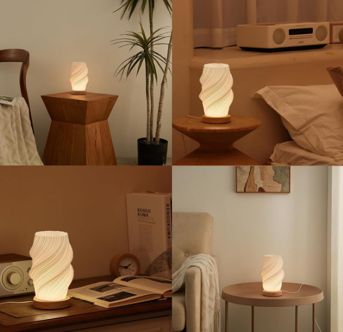  Lamp with Woodbase - Button Control Table Lamp for Bedroom 12 Way Dimmable Nightstand Lamp with PLA Lampshade for Living Room, Kids Room, College Dorm, Office (White-E, Medium)