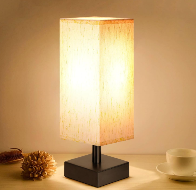 Table Lamp for Bedroom - Bedside Lamps for Nightstand, Minimalist Night Stand Light Lamp with Square Fabric Shade, Desk Reading Lamp for Kids Room Living Room Office Dorm