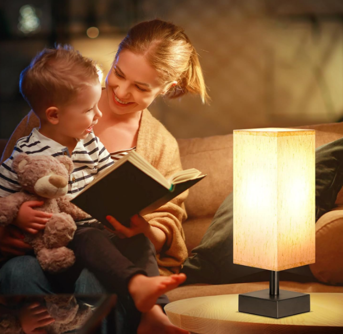 Table Lamp for Bedroom - Bedside Lamps for Nightstand, Minimalist Night Stand Light Lamp with Square Fabric Shade, Desk Reading Lamp for Kids Room Living Room Office Dorm