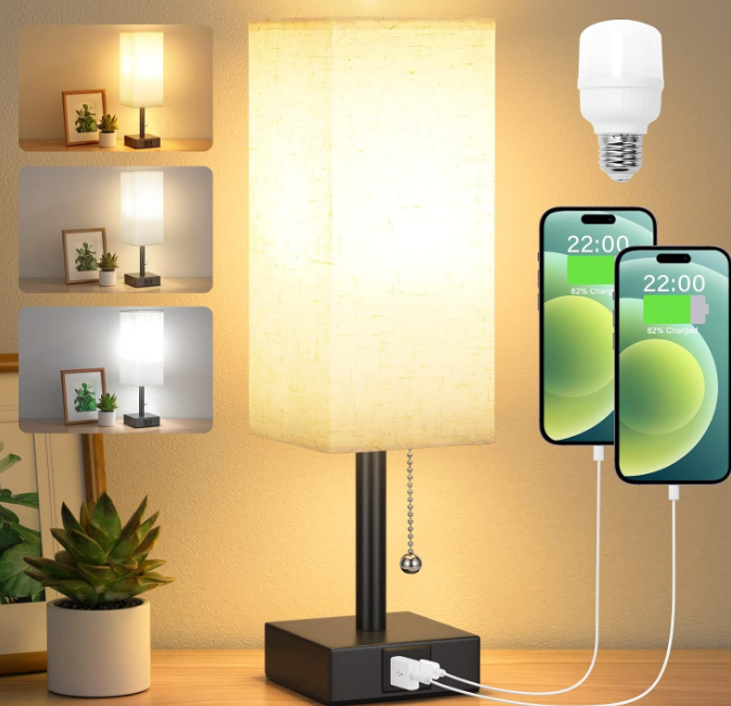 Table Lamp with 3 Color Temperatures - 3000/4000/5000K Small Lamp with USB C+A Ports, Nightstand Lamp with 3 Color Modes by Pull Chain, Bedroom Lamp for Living Read Work(LED Bulb Included)