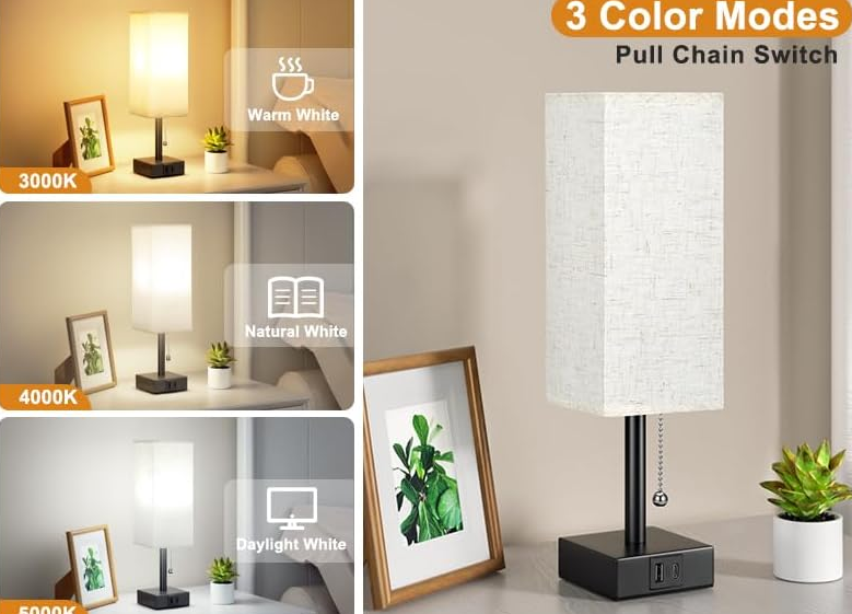 Table Lamp with 3 Color Temperatures - 3000/4000/5000K Small Lamp with USB C+A Ports, Nightstand Lamp with 3 Color Modes by Pull Chain, Bedroom Lamp for Living Read Work(LED Bulb Included)