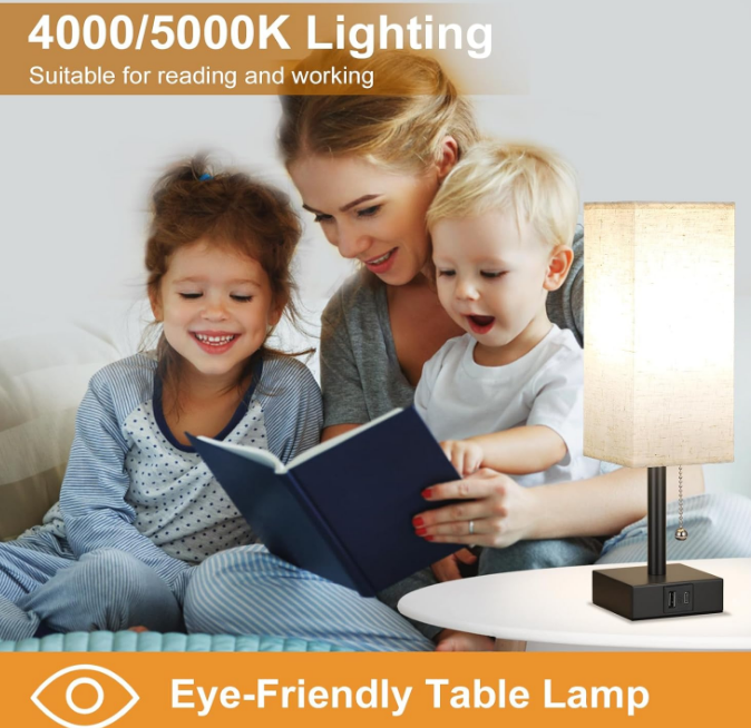 Table Lamp with 3 Color Temperatures - 3000/4000/5000K Small Lamp with USB C+A Ports, Nightstand Lamp with 3 Color Modes by Pull Chain, Bedroom Lamp for Living Read Work(LED Bulb Included)