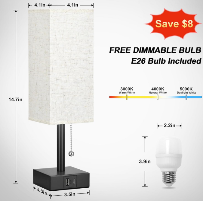Table Lamp with 3 Color Temperatures - 3000/4000/5000K Small Lamp with USB C+A Ports, Nightstand Lamp with 3 Color Modes by Pull Chain, Bedroom Lamp for Living Read Work(LED Bulb Included)