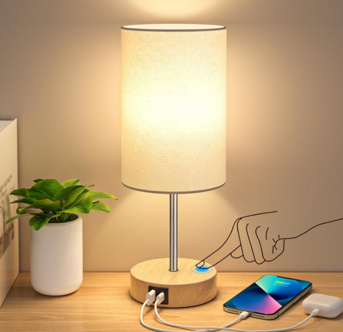 Table Lamp for Bedroom, 3 Way Dimmable Touch Lamp with Dual Charging Station, Small Bedside Lamps for Night Stands, Living Room, Office(LED Bulb Included)