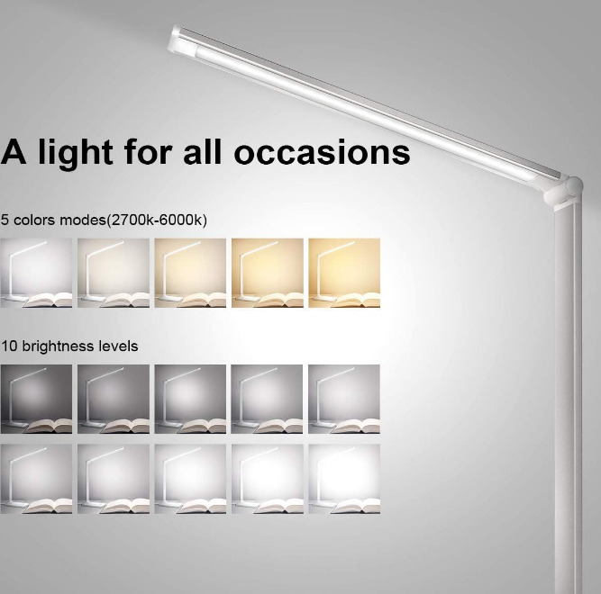 LED Desk Lamp Dimmable Table Lamp Reading Lamp with USB Charging Port, 5 Lighting Modes, Sensitive Control, 30/60 Minutes Auto-Off Timer, Eye-Caring Office Lamp