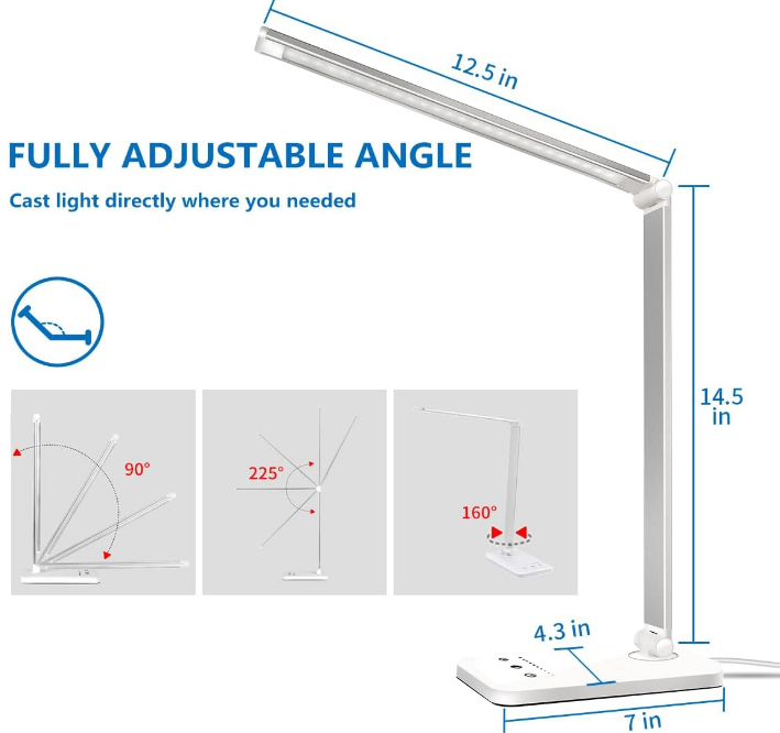 LED Desk Lamp Dimmable Table Lamp Reading Lamp with USB Charging Port, 5 Lighting Modes, Sensitive Control, 30/60 Minutes Auto-Off Timer, Eye-Caring Office Lamp