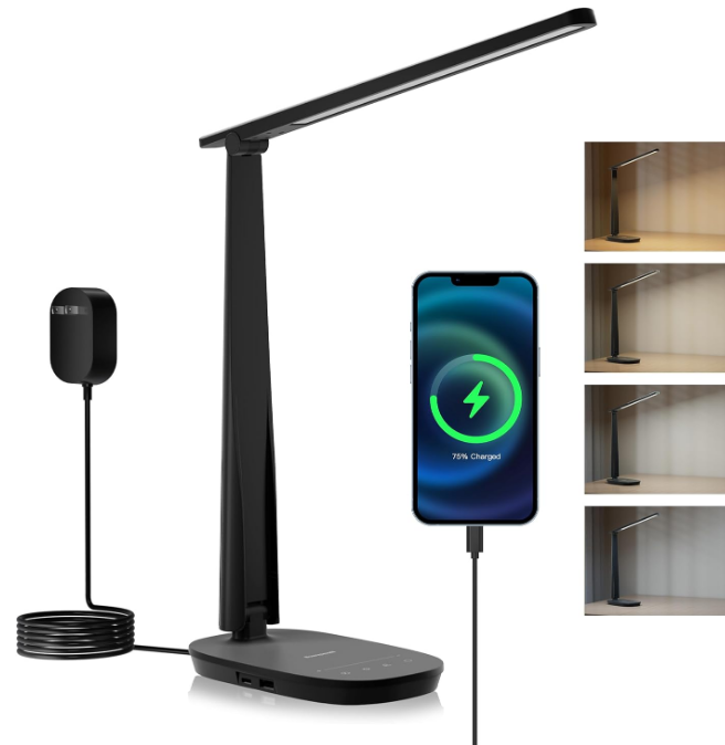 Sunturalux™ LED Desk Lamp Dimmable Desk Light with USB A+C Dual Charging Port Eye-Caring Foldable Table Lamp with 4 Color Modes for Home Office Bedroom Reading Study Work HWT-H2B Black