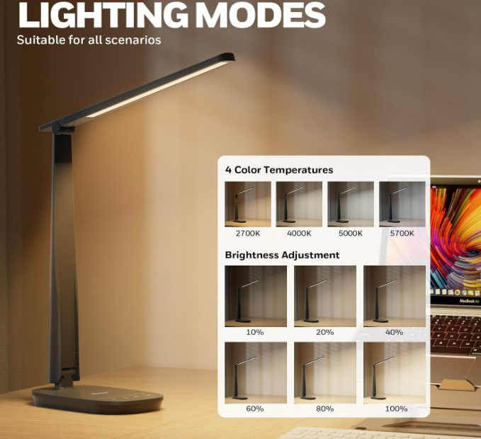 Sunturalux™ LED Desk Lamp Dimmable Desk Light with USB A+C Dual Charging Port Eye-Caring Foldable Table Lamp with 4 Color Modes for Home Office Bedroom Reading Study Work HWT-H2B Black