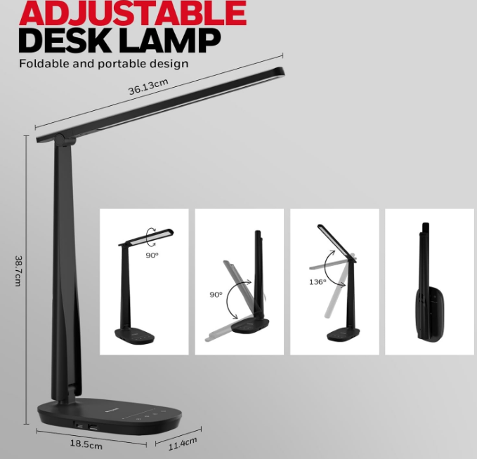 Sunturalux™ LED Desk Lamp Dimmable Desk Light with USB A+C Dual Charging Port Eye-Caring Foldable Table Lamp with 4 Color Modes for Home Office Bedroom Reading Study Work HWT-H2B Black