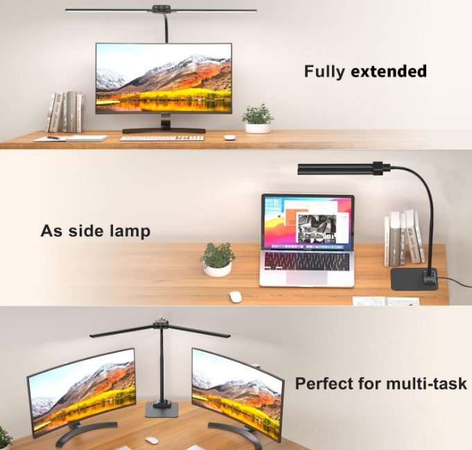 Desk Lamp Double Light: Bright Led Desk Lights for Home Office - Eye Care Reading Table Lamps with Base - Dimmable Desktop Lighting for Computer Monitor Study Drafting