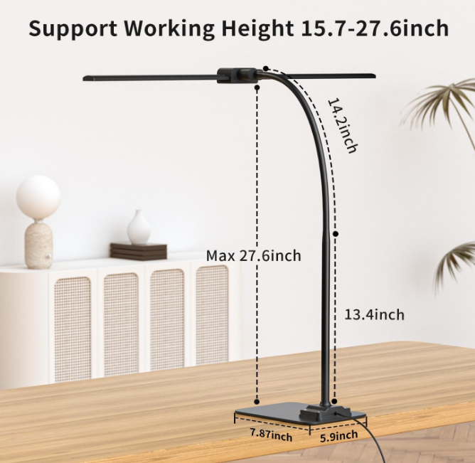 Desk Lamp Double Light: Bright Led Desk Lights for Home Office - Eye Care Reading Table Lamps with Base - Dimmable Desktop Lighting for Computer Monitor Study Drafting