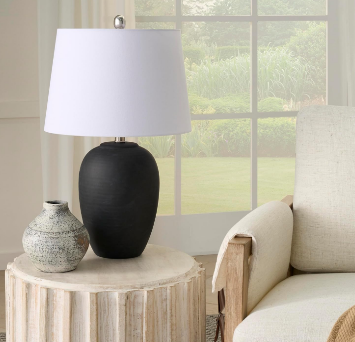 23" Black Vintage Distressed Ceramic Pot Table Lamp for Bedroom, Living Room, End Table, with White Tapered Drum Shade
