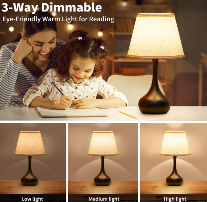 Touch Bedside Lamp for Bedroom, 3-Way Dimmable Farmhouse Table Lamps for Nightstand with Fabric Shade, Desk Lamp for Kids Reading, Home Office