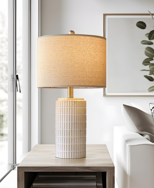 23'' Bedside Table Lamp for Bedroom Nightstand - Ceramic Lamp for Living Room, White Night Stand Light Lamp with Round Linen Shade, Modern Bedroom Lamp Beige