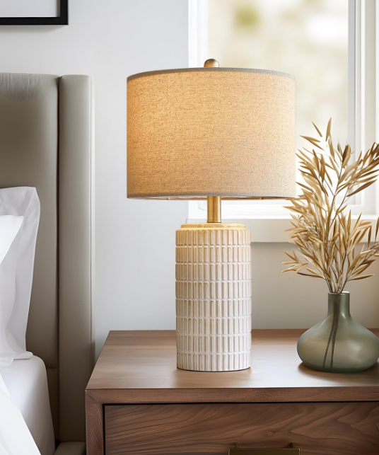 23'' Bedside Table Lamp for Bedroom Nightstand - Ceramic Lamp for Living Room, White Night Stand Light Lamp with Round Linen Shade, Modern Bedroom Lamp Beige